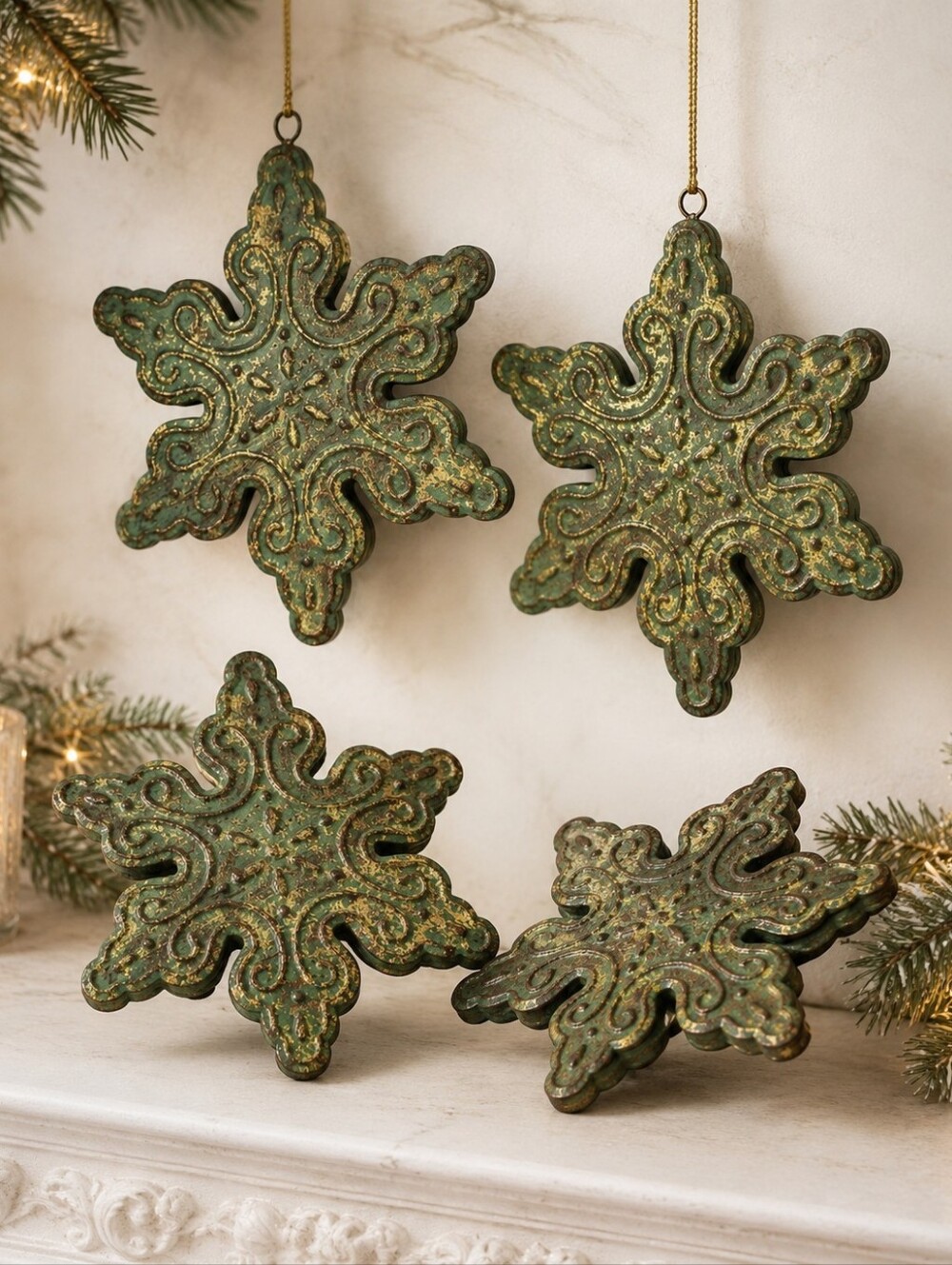 Pier 1 Green Gold Snowflake Ornaments Set of 4 Rustic Christmas Decor